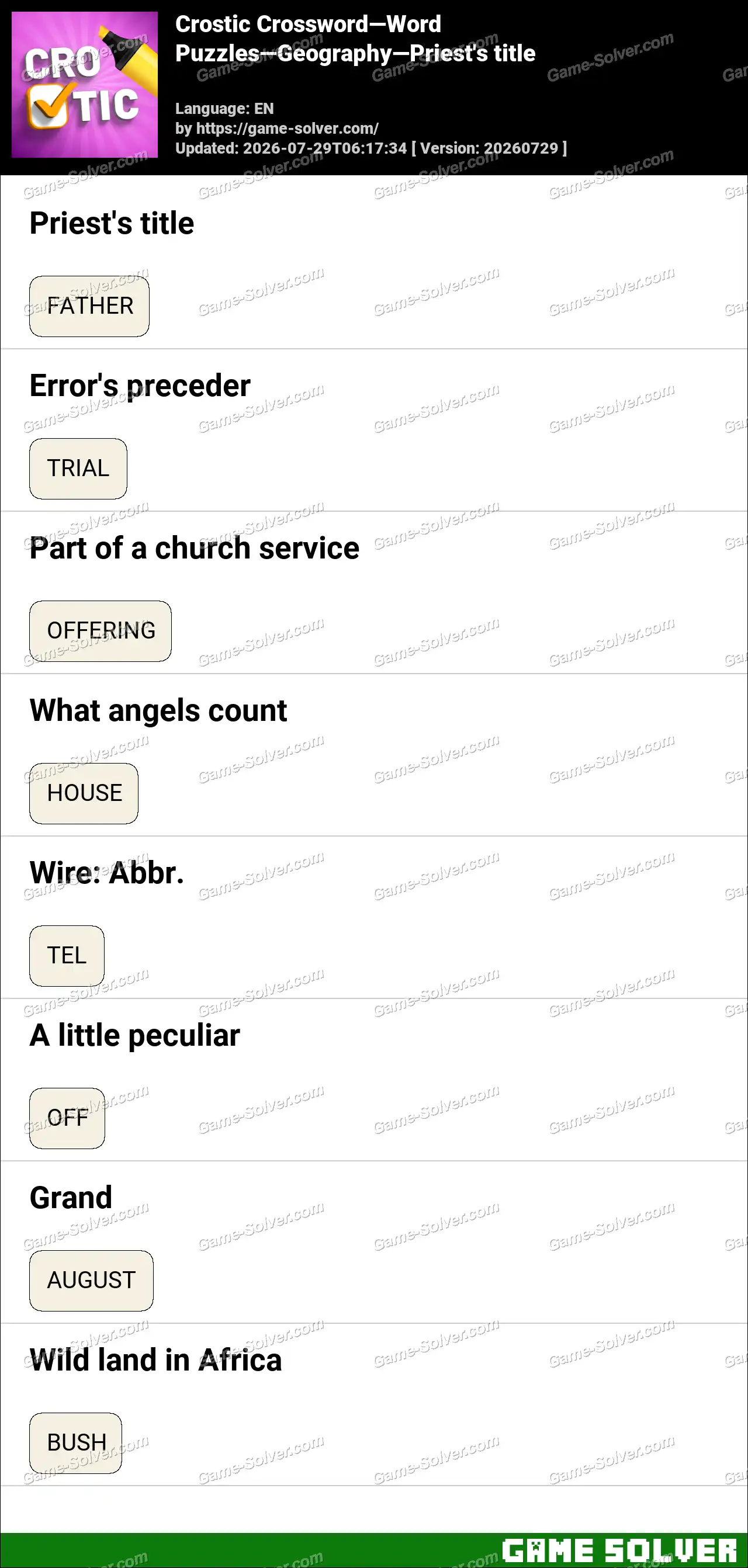 Crostic Crossword-Word Puzzles-Geography-Priest’s title